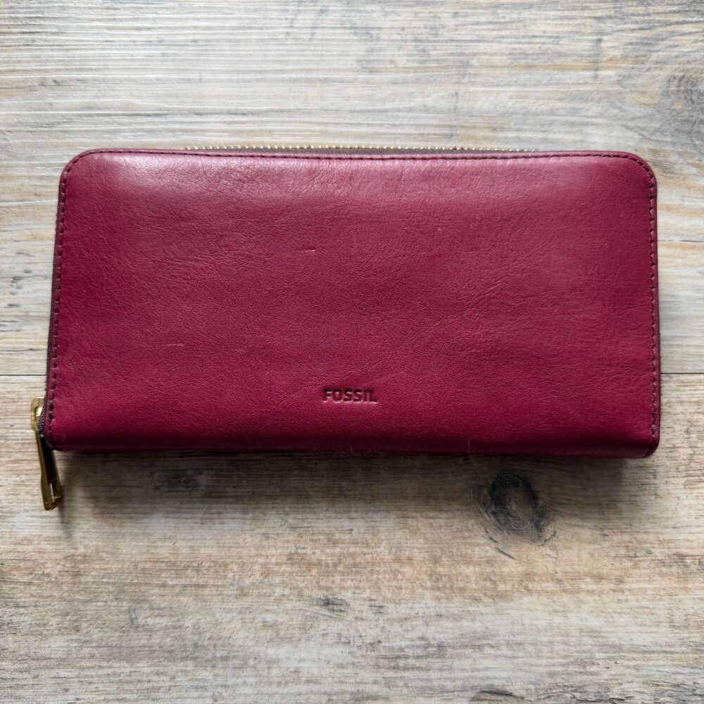 Fossil Large Zip Around Leather Wallet Organizer Style Vintage Y2K 90s Minimal